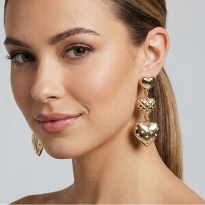 Guess Los Angeles gold-tone triple heart drop earrings with rhinestone accents